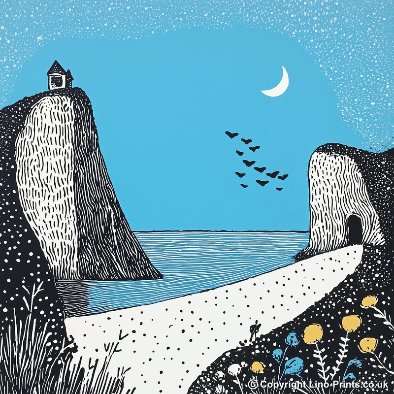 Beer Beach, Devon Linoprint-Style Art (787-2)