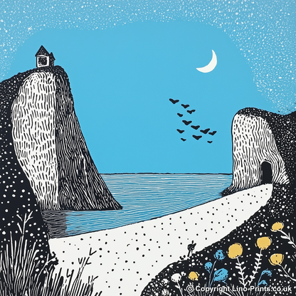 Beer Beach, Devon Linoprint-Style Art (787-2)