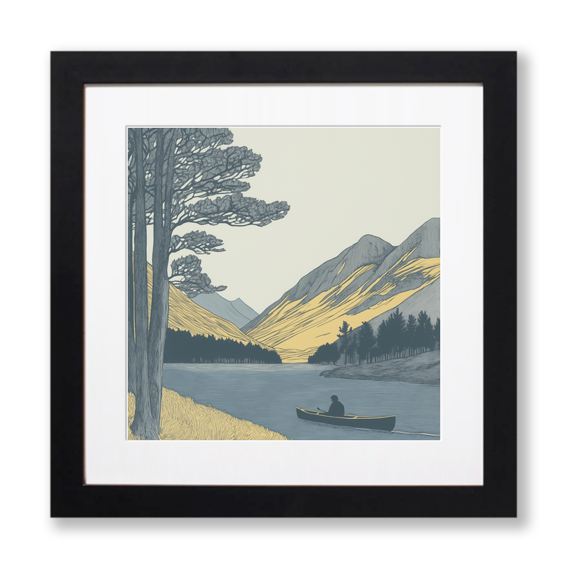 Kayaker near Buttermere pines Linoprint-Style Art (2467-1)