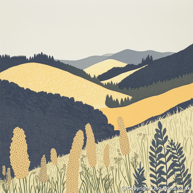 Bracken covered slopes Linoprint-Style Art (2376-3)