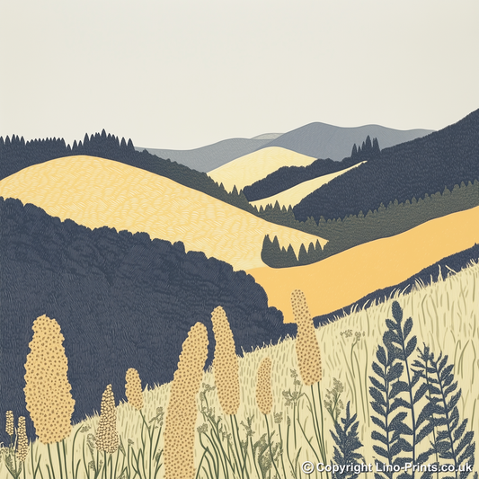 Bracken covered slopes Linoprint-Style Art (2376-3)