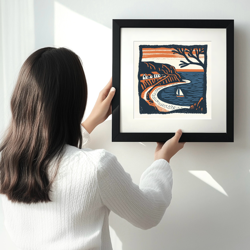 Beer Beach, Devon Linoprint-Style Art (124-1)
