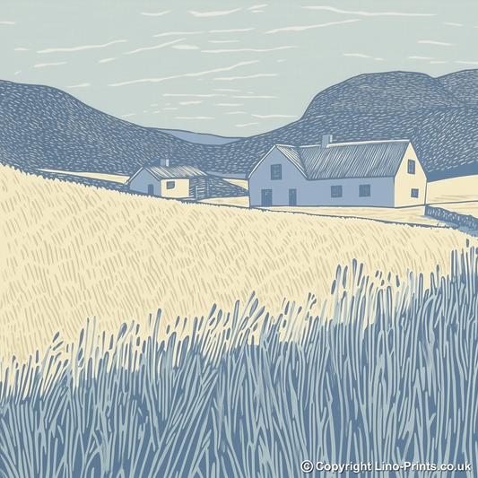 Whitewashed farm building Linoprint-Style Art (2600-1)