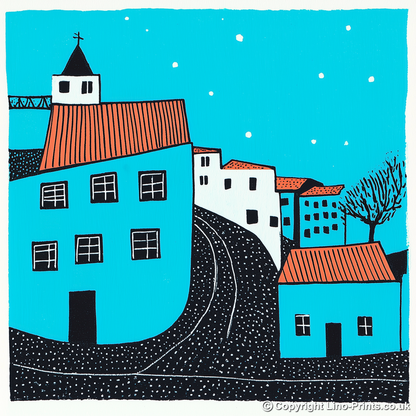 Lisbon Alfama district Linoprint-Style Art (566-1)