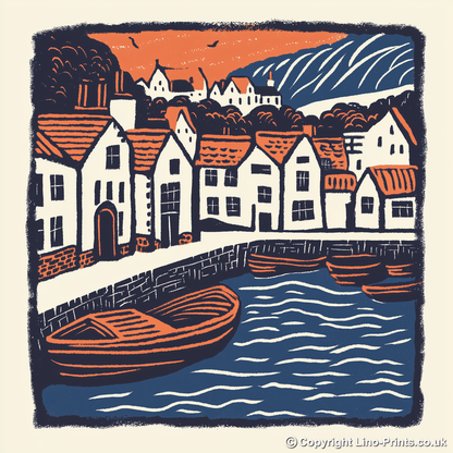 Padstow Harbour, Cornwall Linoprint-Style Art (143-2)