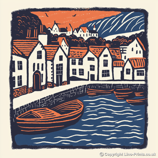 Padstow Harbour, Cornwall Linoprint-Style Art (143-2)