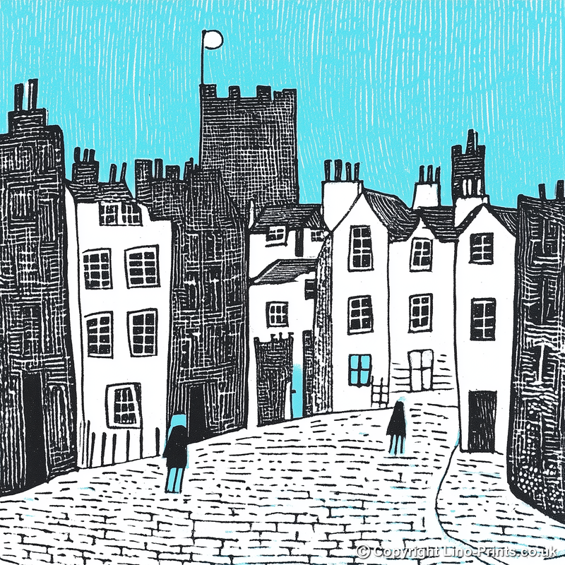 Edinburgh Castle and Royal Mile Linoprint-Style Art (557-1)
