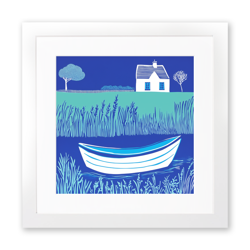 Norfolk Broads boat on still water Linoprint-Style Art (1809-1)
