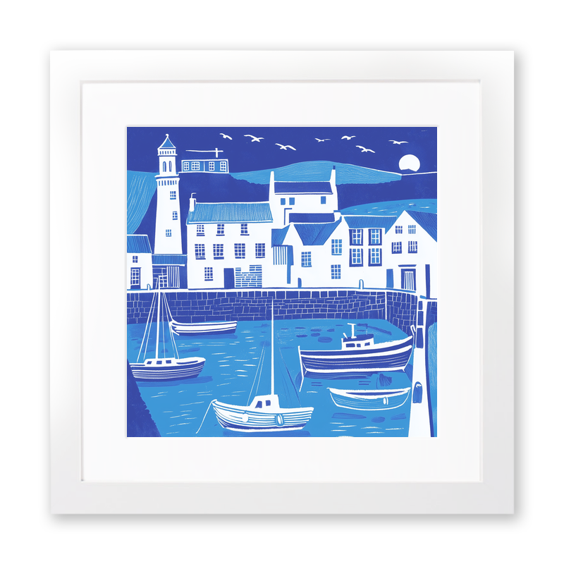 Mevagissey Harbour, Cornwall Linoprint-Style Art (1095-1)