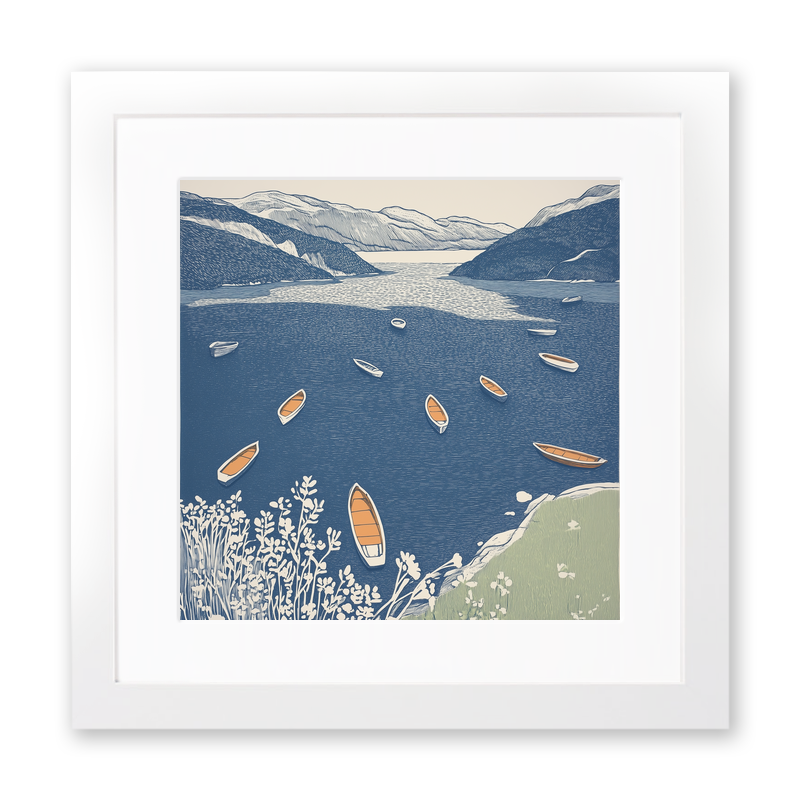 View of lake boats from above Linoprint-Style Art (2590-2)