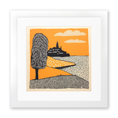 Mont Saint-Michel, France Linoprint-Style Art (183-3)