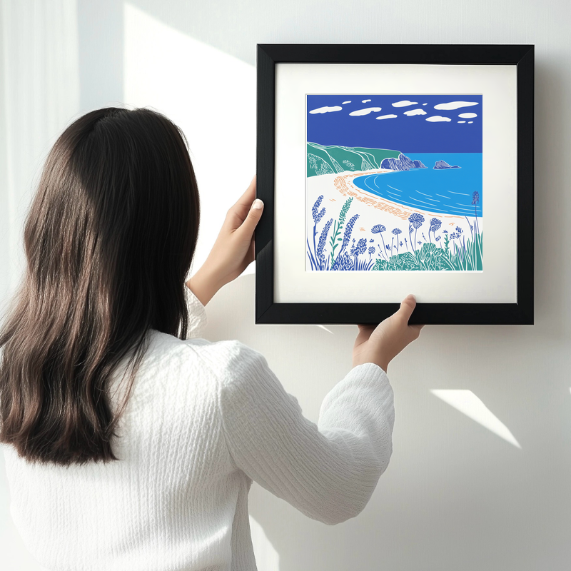 Porthcurno Beach Linoprint-Style Art (895-3)