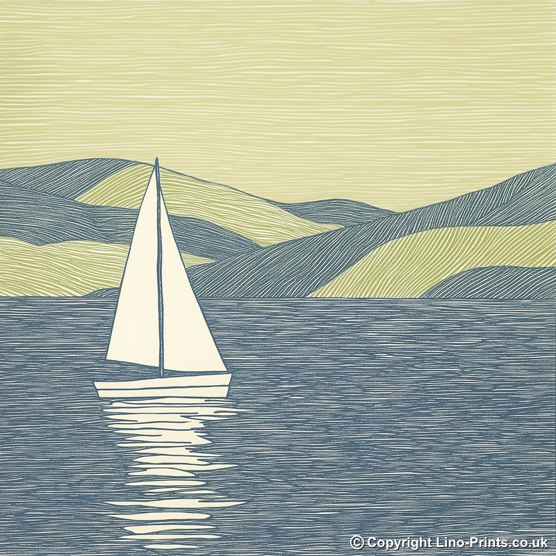 Sailing boat silhouette on the water Linoprint-Style Art (2528-5)
