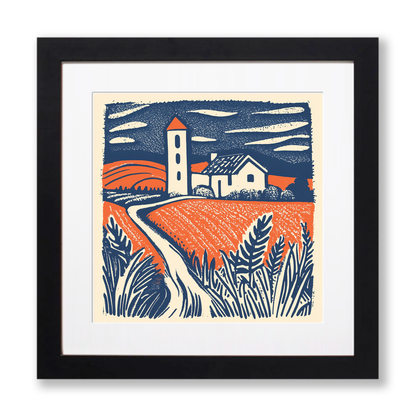 Church tower rising from flat fields Linoprint-Style Art (1969-1)