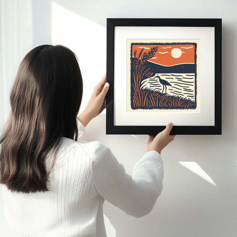 Curlew calling in the shallows Linoprint-Style Art (1978-1)