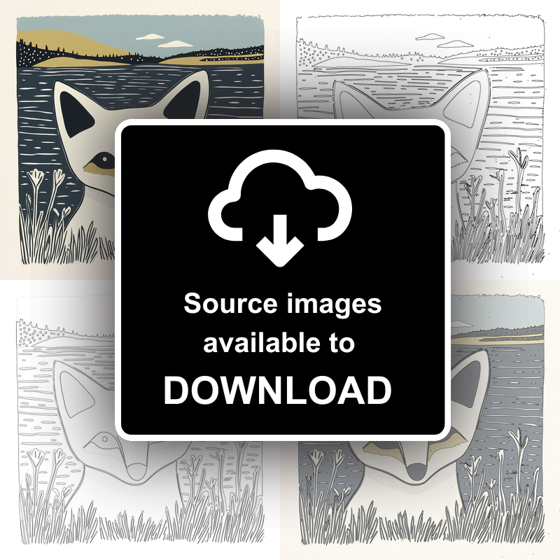 Cute Arctic Fox Pup Linoprint-Style Art (1189-1)