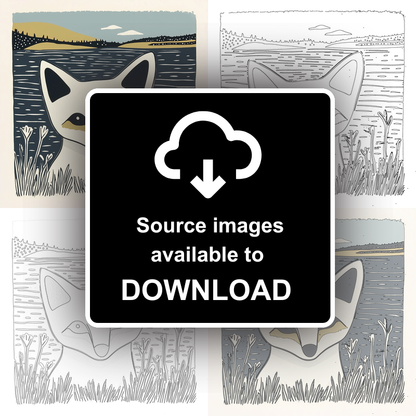 Cute Arctic Fox Pup Linoprint-Style Art (1189-1)