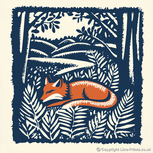 Ferns with resting fox Linoprint-Style Art (90-1)