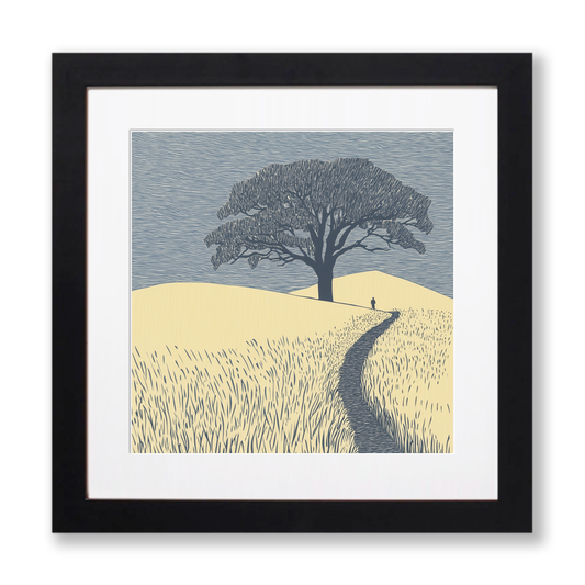 Wall silhouette leading towards a silhouetted tree Linoprint-Style Art (2593-1)