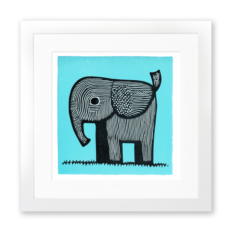 Cute Elephant Calf Linoprint-Style Art (619-1)