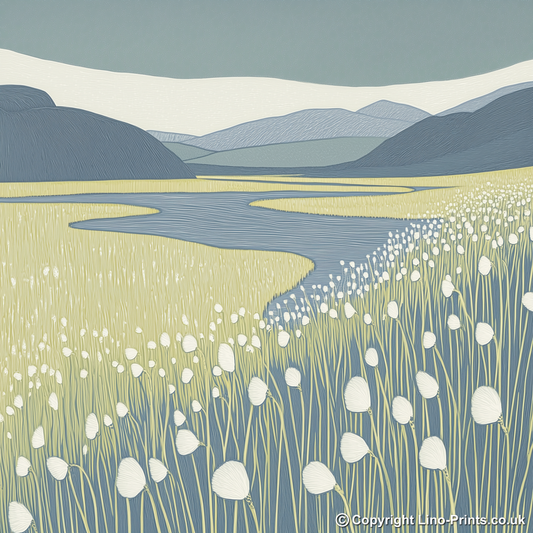 Cotton grass bog Linoprint-Style Art (2394-1)