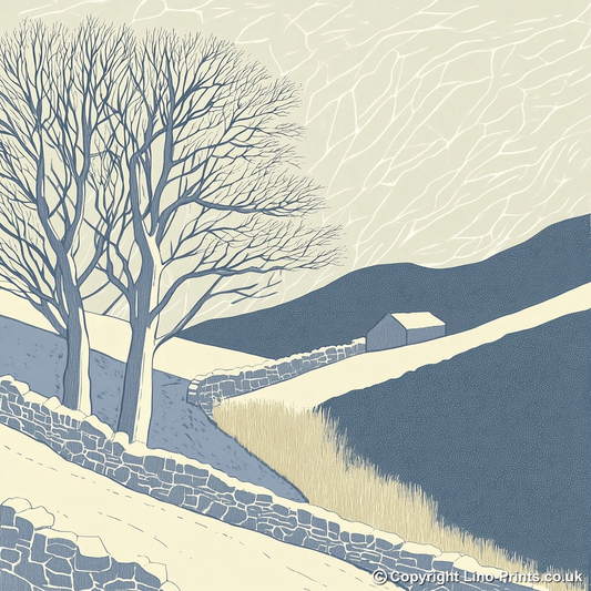 Hoar frost covering trees and walls Linoprint-Style Art (2457-1)