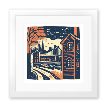 New York Brooklyn Bridge Linoprint-Style Art (22-4)