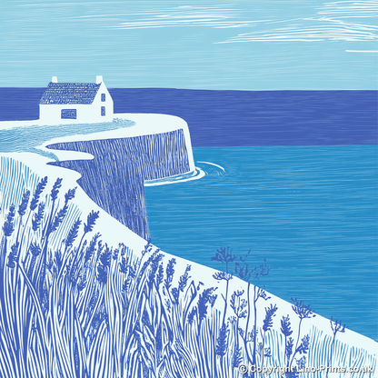 Coastguard lookout on cliff top Linoprint-Style Art (1772-1)