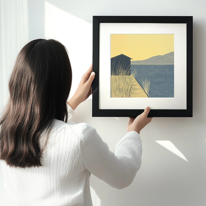 Boathouse silhouette on lake edge Linoprint-Style Art (2371-1)