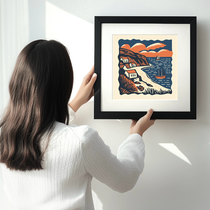 West Bay, Dorset Linoprint-Style Art (161-1)