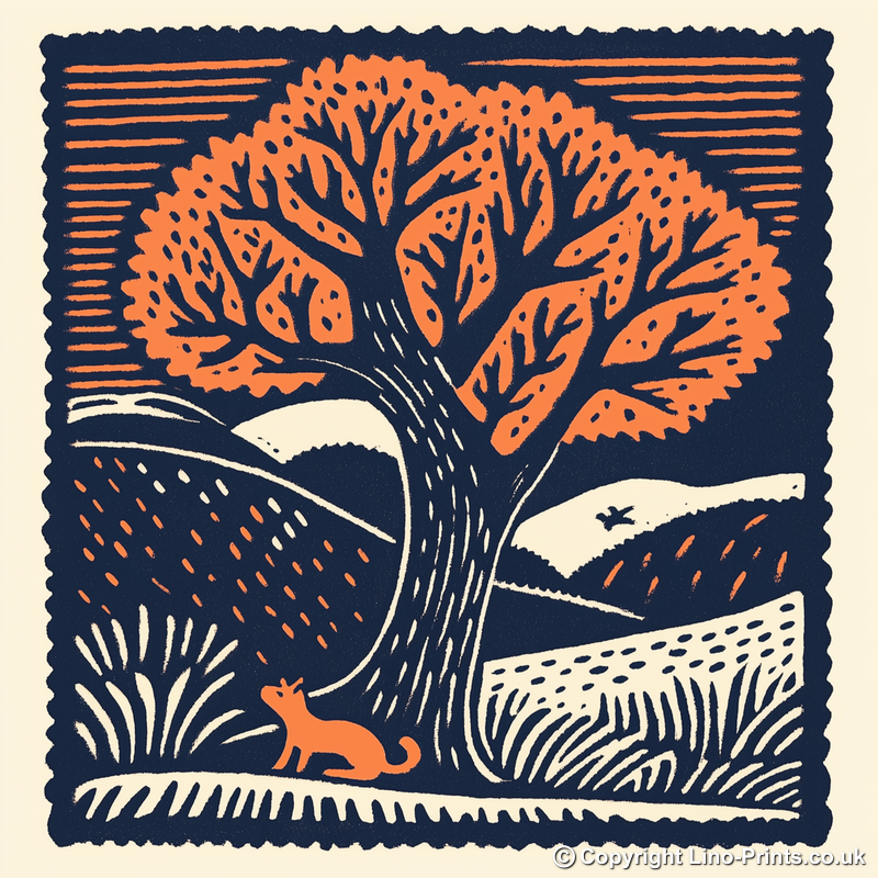 Oak tree with squirrel Linoprint-Style Art (102-1)