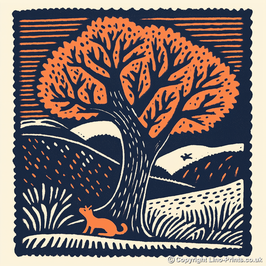 Oak tree with squirrel Linoprint-Style Art (102-1)