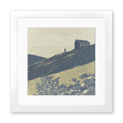 Ruin silhouette on a fellside Linoprint-Style Art (2525-2)