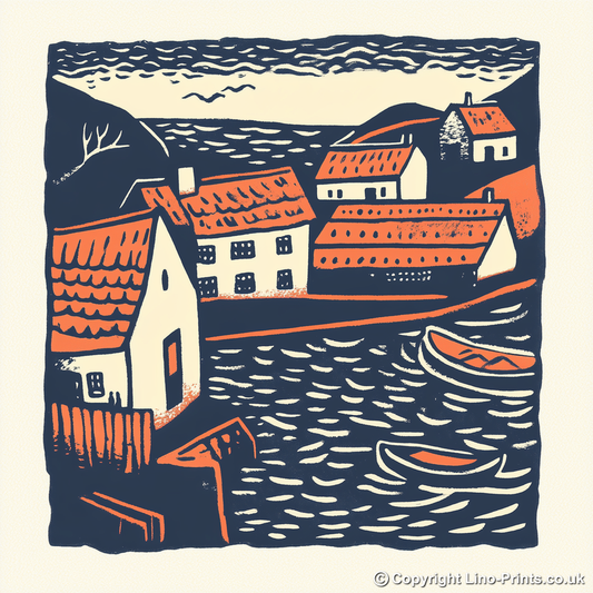 Craster Harbour, Northumberland Linoprint-Style Art (132-1)