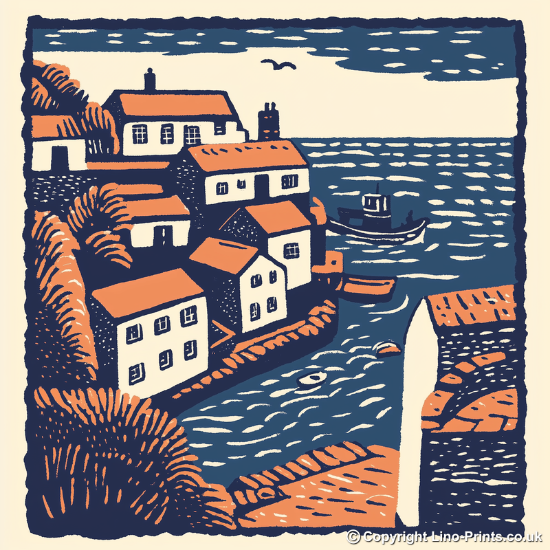 Porthleven, Cornwall Linoprint-Style Art (147-1)