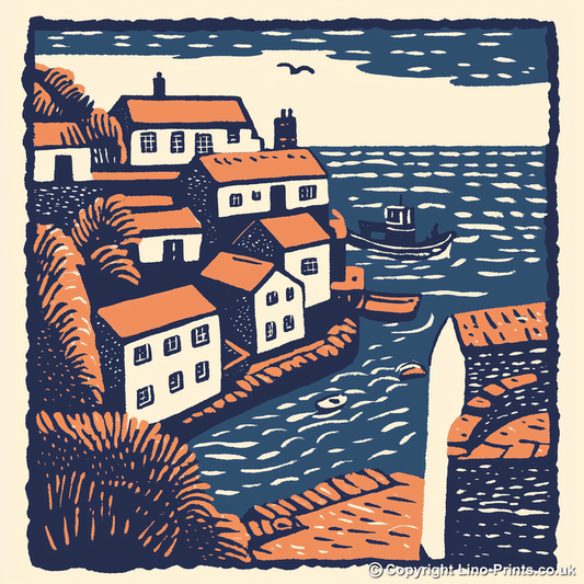 Porthleven, Cornwall Linoprint-Style Art (147-1)