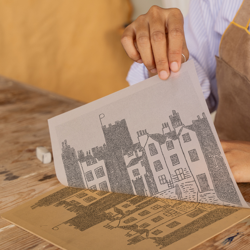 Edinburgh Castle and Royal Mile Linoprint-Style Art (557-1)
