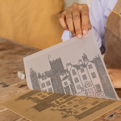 Edinburgh Castle and Royal Mile Linoprint-Style Art (557-1)