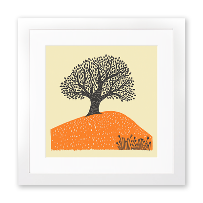 Ancient oak in a Norfolk field Linoprint-Style Art (2055-2)