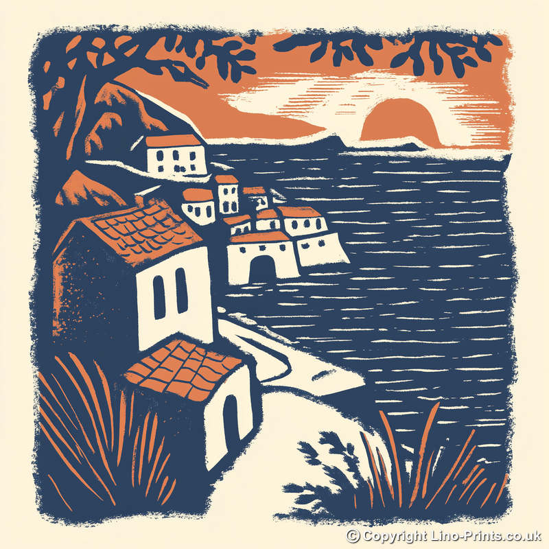Dubrovnik old city walls Linoprint-Style Art (10-1)