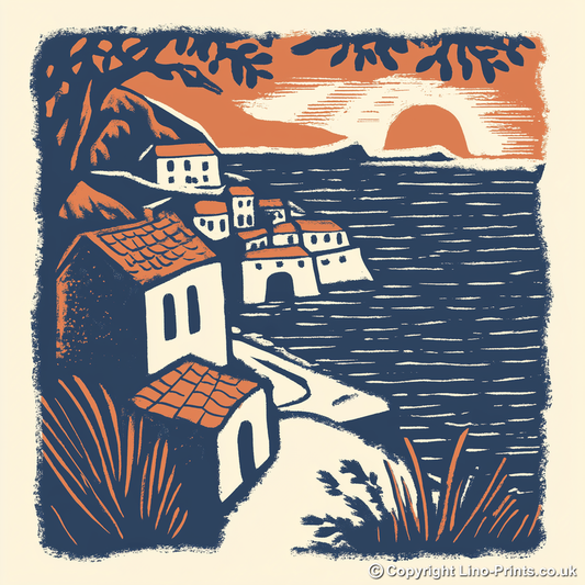 Dubrovnik old city walls Linoprint-Style Art (10-1)