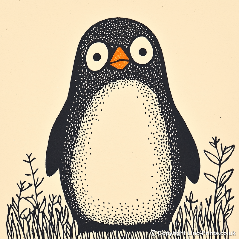Cute Penguin Chick Linoprint-Style Art (233-1)