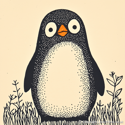 Cute Penguin Chick Linoprint-Style Art (233-1)