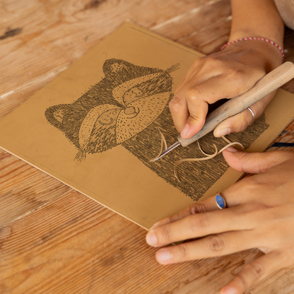 Cute Raccoon Kit Linoprint-Style Art (640-1)