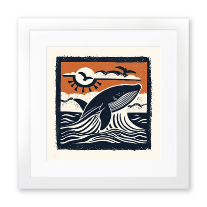Whale breaching the surface Linoprint-Style Art (116-2)
