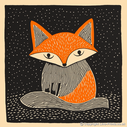 Cute Fox Cub Linoprint-Style Art (219-1)