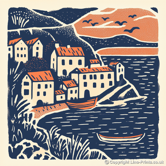 Port Isaac, Cornwall Linoprint-Style Art (145-1)