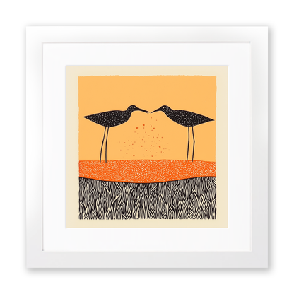 Redshanks feeding at the edge Linoprint-Style Art (2119-1)