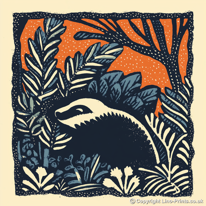 Cute Baby Badger Linoprint-Style Art (43-2)