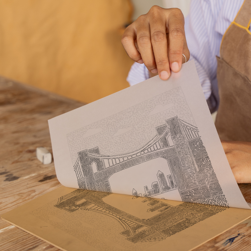 New York Brooklyn Bridge Linoprint-Style Art (184-1)